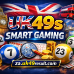 UK49s Smart Gaming feature image with lottery balls, bingo card, magnifying glass, gold coins, and UK landmarks including Big Ben and Tower Bridge, branded for za.uk49result.com.